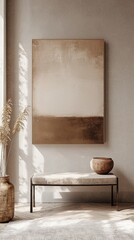 Aufkleber - In a chic, sunlit interior, a serene artwork blends harmoniously with earthy textures. Soft shadows fall on a stylish bench and decorative pottery, enhancing the tranquil ambiance