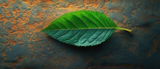 Poster - green leaf on textured rusty background showcasing natural detail and color contrast with copy space