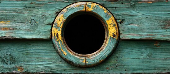 Poster - Circular hole in weathered wooden surface with peeling paint and rustic textures, natural light, Copy Space
