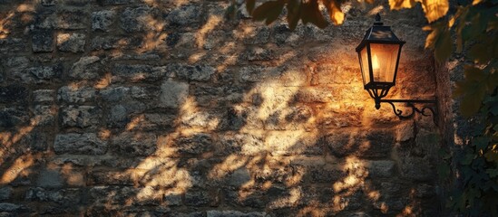 Poster - Vintage stone wall with a street lamp casting warm light and shadows on the surface surrounded by leaves Copy Space