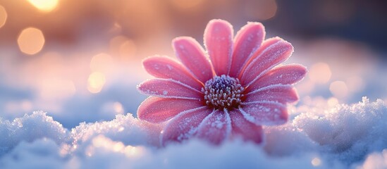 Poster - Pink flower covered with frost on snow background with soft bokeh light and warm tones suitable for nature and winter themes Copy Space