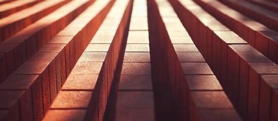 Poster - Perspective view of red brick wall with stacked bricks creating a linear pattern dramatic lighting and focus on texture Copy Space