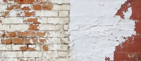 Poster - Textured wall with sections of weathered bricks and peeling paint in white and reddish colors, suitable for background use, Copy Space.