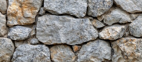 Poster - Stone wall texture background with irregularly shaped gray and beige stones, suitable for architectural and design applications. Copy Space
