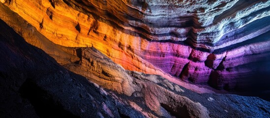 Poster - Colorful rock formations inside a cave illuminated by artificial light showcasing geological layers and textures with dramatic shadows Copy Space