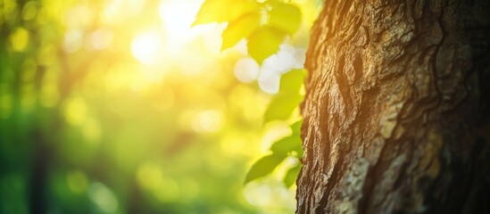 Poster - Close-up of tree bark with green leaves and sunlight filtering through the forest background Copy Space
