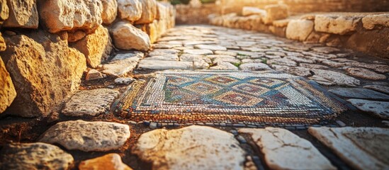 Poster - Mosaic design on ancient cobblestone path surrounded by stone walls at sunset with vivid colors and textured surfaces Copy Space