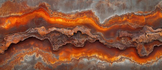 Poster - Abstract texture of weathered rust with intricate patterns in shades of orange, brown and gray, ideal for backgrounds and design elements. Copy Space
