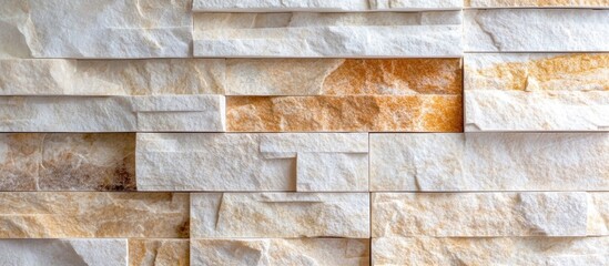 Poster - Textured wall of natural stone slabs in neutral tones with varying patterns and colors suitable for background use. Copy Space
