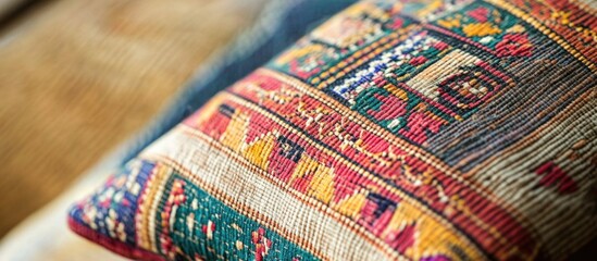 Poster - Decorative cushion with intricate embroidery patterns displayed on a textured surface showcasing vibrant colors and detailed design Copy Space