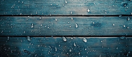 Poster - Wooden surface with water droplets in close-up, dark blue color, textured planks, Copy Space.