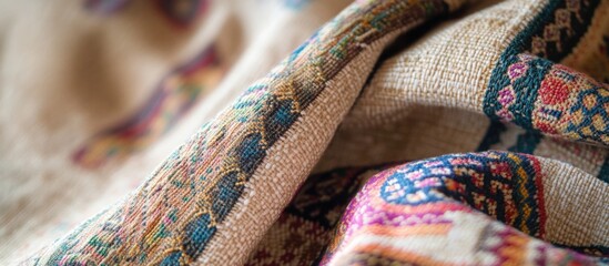 Poster - Close-up view of patterned textile fabric showcasing intricate designs and vibrant colors with soft folds and natural textures Copy Space