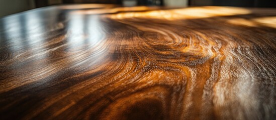 Poster - Close-up of polished wood surface with natural grain patterns and reflections, warm tones, suitable for interior design themes, Copy Space