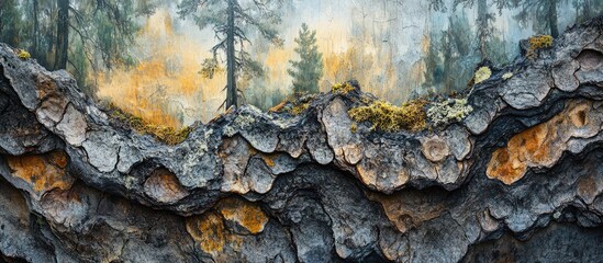 Poster - Abstract texture of bark with lichen and forest background in soft focus natural colors suitable for design use Copy Space