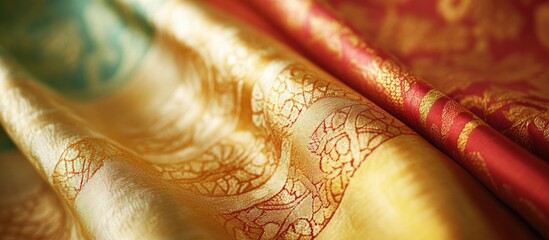 Poster - Silk fabric with intricate patterns in gold, red, and green hues, detailed texture and smooth drape, suitable for textile design, Copy Space