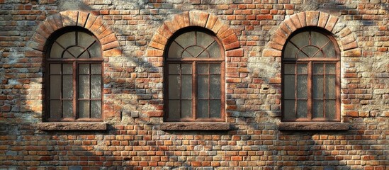 Poster - Three arched vintage windows on a weathered brick wall showcasing rustic architectural detail and texture with shadows and natural light. Copy Space
