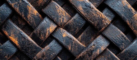 Poster - Black and orange woven leather texture background with intricate patterns and strong lines Copy Space