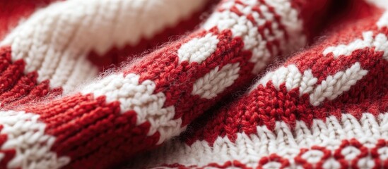 Poster - Knitted texture of a red and white patterned fabric showcasing intricate details and warm fibers suitable for textiles background Copy Space