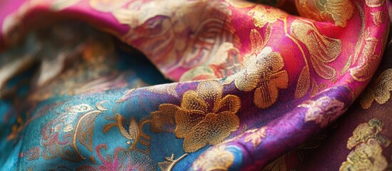 Poster - Colorful silk fabric with intricate floral patterns and textures, suitable for textile design. Copy Space