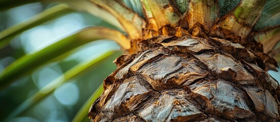 Poster - Close-up view of palm tree trunk texture with green leaves and blurred background Copy Space
