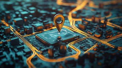 Poster - golden GPS marker on a circuit board resembling a city, illustrating advanced navigation technology