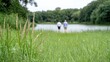 © BROPRADANA - Two men stroll by lake, tall grass foreground, forest background
