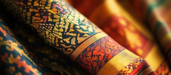 Poster - Colorful ornate textile fabric with intricate patterns folded over, showcasing rich hues and textures, ideal for design backgrounds, Copy Space
