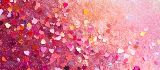 Poster - Colorful heart shaped glitter on a pink background with bokeh effects and space for text in a creative and artistic style