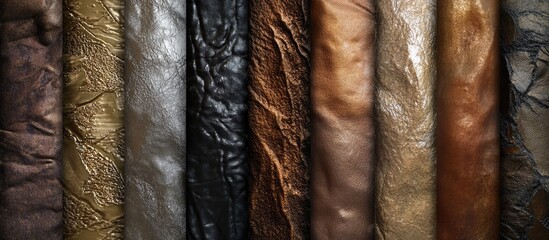 Poster - Variety of rolled leather textures in different colors and finishes arranged side by side with natural lighting and details visible Copy Space
