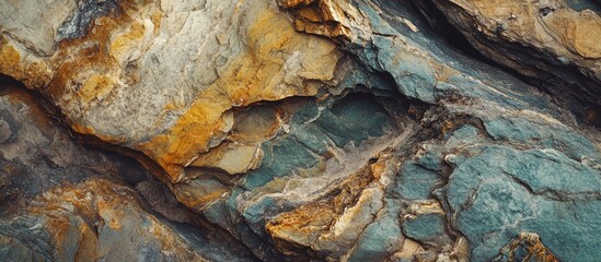 Poster - Textured layers of colorful sedimentary rock showcasing earthy tones and natural patterns with visible fractures and erosion details Copy Space