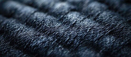 Poster - Close-up of textured dark denim fabric displaying woven patterns and intricate threads ideal for background use Copy Space