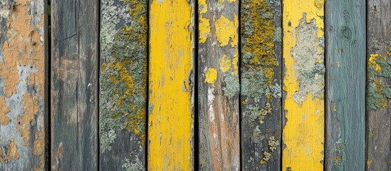Poster - Weathered wooden planks with yellow stripes and textures covered in moss and lichen on a rustic surface with Copy Space