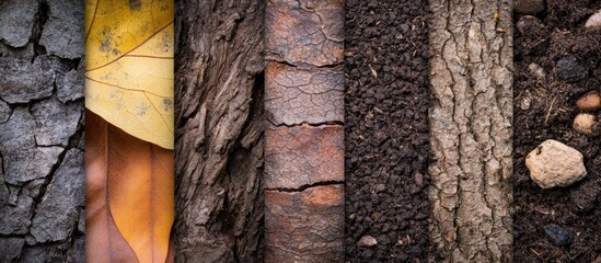 Poster - Textured natural elements including bark, leaves, and soil arranged side by side with Copy Space for text overlay.