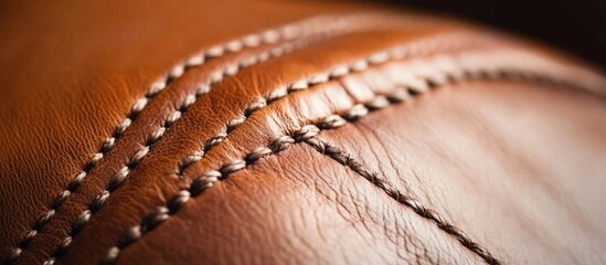 Poster - Close-up detail of brown leather texture with visible stitches and seam patterns on surface, suitable for design backgrounds, Copy Space