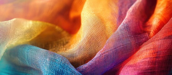 Poster - Colorful translucent fabric draped elegantly creating texture and depth with vibrant hues of orange, blue, and pink Copy Space
