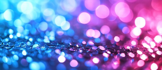 Poster - Colorful bokeh background with soft focus and reflective droplets in shades of blue and pink with copy space
