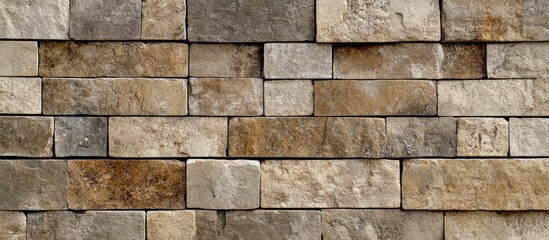 Poster - Textured stone wall background with various shades of brown and gray rectangular stones arranged in a pattern Copy Space