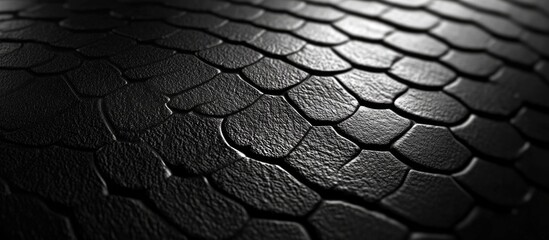 Poster - Black textured surface with scales resembling reptile skin in a close-up view showing light and shadow interplay. Copy Space