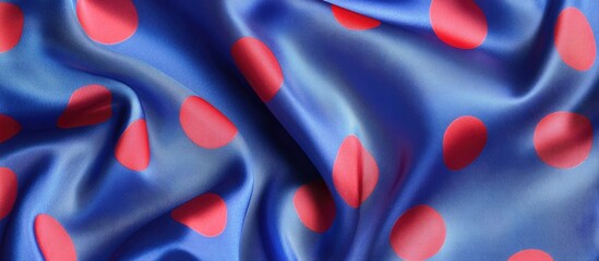Poster - Blue fabric with red polka dots texture close-up creating a smooth wave effect Copy Space