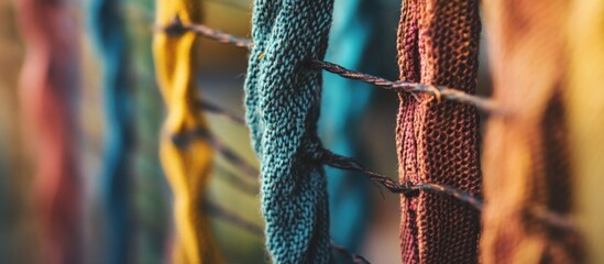 Poster - Colorful knitted fabric strands intertwined with metal wire creating a textured pattern with copy space