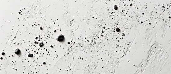 Poster - Black stones on a textured white surface with scattered arrangement creating a modern abstract background with copy space.