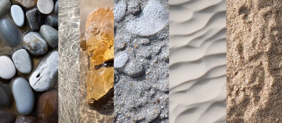 Poster - various natural textures including pebbles water ripples rocks sand and beach textures with copy spa