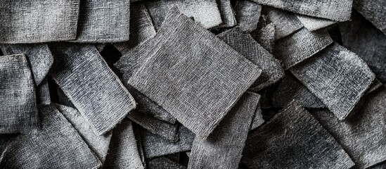 Poster - Textured gray fabric swatches stacked haphazardly on a surface with varying shades and shapes Copy Space