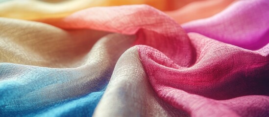 Poster - Colorful fabric texture with soft folds and gradients in shades of blue, pink, orange, and yellow ideal for backgrounds and design Copy Space