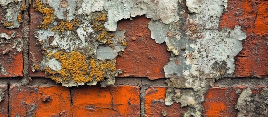 Poster - Old weathered brick wall with peeling paint and lichen growth in textured detail. Copy Space available.