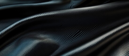 Poster - Black textured fabric with smooth waves and folds for background design, showcasing subtle stripes and illuminated highlights, Copy Space