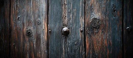 Poster - Textured close-up of weathered wooden planks with metal knob on dark rustic door background with detailed grain patterns Copy Space