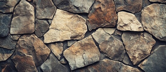 Poster - Textured stone wall background composed of various sizes and shapes of gray and brown rocks with natural patterns and earthy tones Copy Space