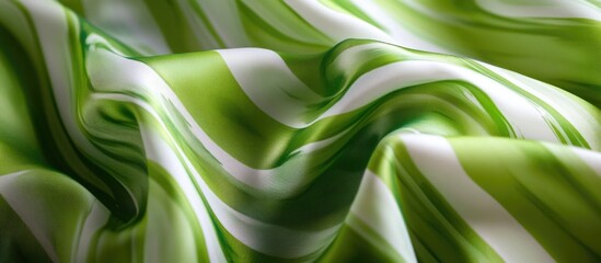 Poster - Green and white striped fabric texture with soft waves and folds showcasing satin material details and smooth appearance Copy Space
