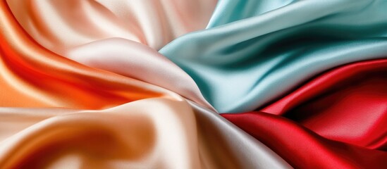 Poster - Smooth satin fabric draped with folds in various colors including orange, cream, turquoise, and red showing texture and sheen Copy Space